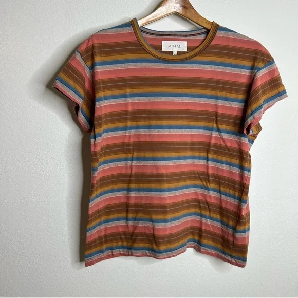 THE GREAT. Short Sleeve Striped Tee in Rust, Pink, Blue, Olive - Picture 3 of 11